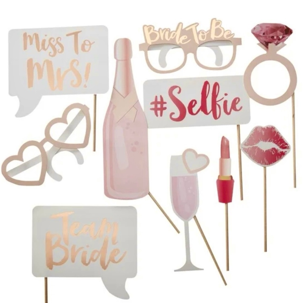 Bridal Shower Photo Booth Props Set - Pink and Gold